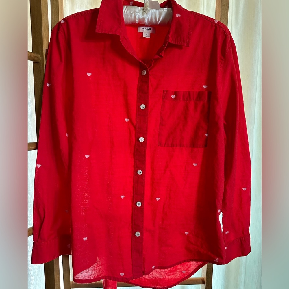 Style and Co Casual Button Down Red Shirt Long Sleeve Embroidered Hearts Medium